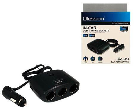 Разветвитель прикуривателя NO-1635 Olesson на 3 гнезда 2USB с проводом,кнопкой 100W