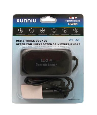 Разветвитель прикуривателя WT-D-23 Xunniu на 3 гнезда с 2 USB с проводом
