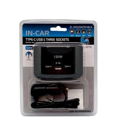 Разветвитель прикуривателя NO.2012 IN-CAR на 3 гнезда с 1 USB , 2 Type-C с проводом 12/24 120W