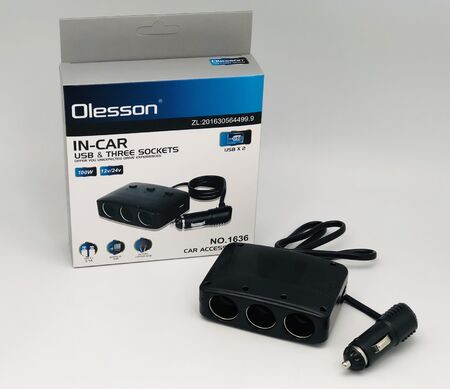 Разветвитель прикуривателя NO-1636 Olesson на 3 гнезда 2USB с проводом 100W