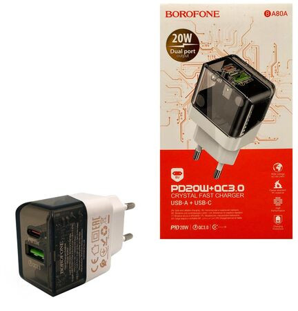 Вилка в розетку 1 USB Borofone арт.BA-80A + Type-C QC3.0, прозрачный корпус